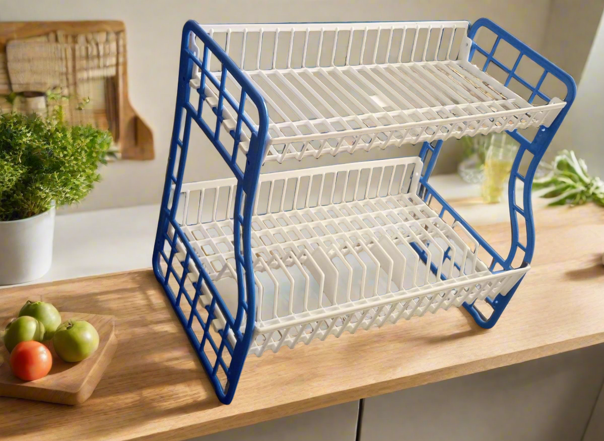 Two-Tier Plastic Dish Rack – Durable Kitchen Organizer for Plates and Cutlery (Available in Blue, Green, Red)