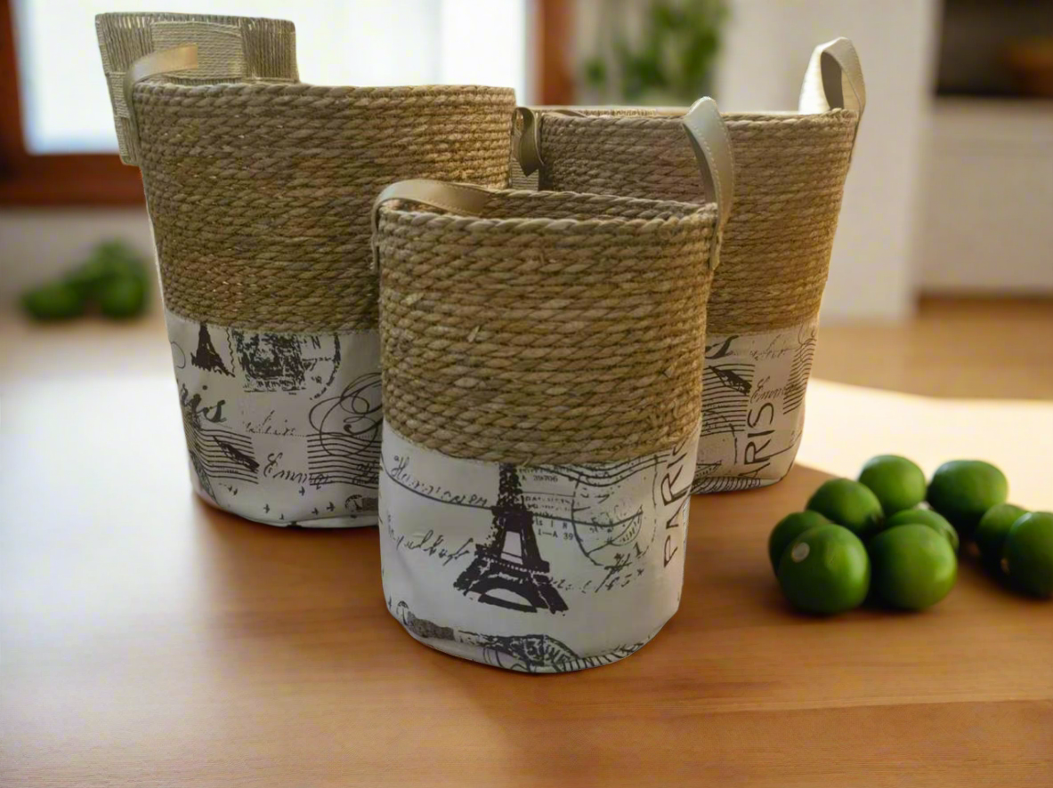 Furaha Finds Handmade Stackable Baskets Set of 3 Durable, eco friendly woven storage solution for home, office, and decorative use.