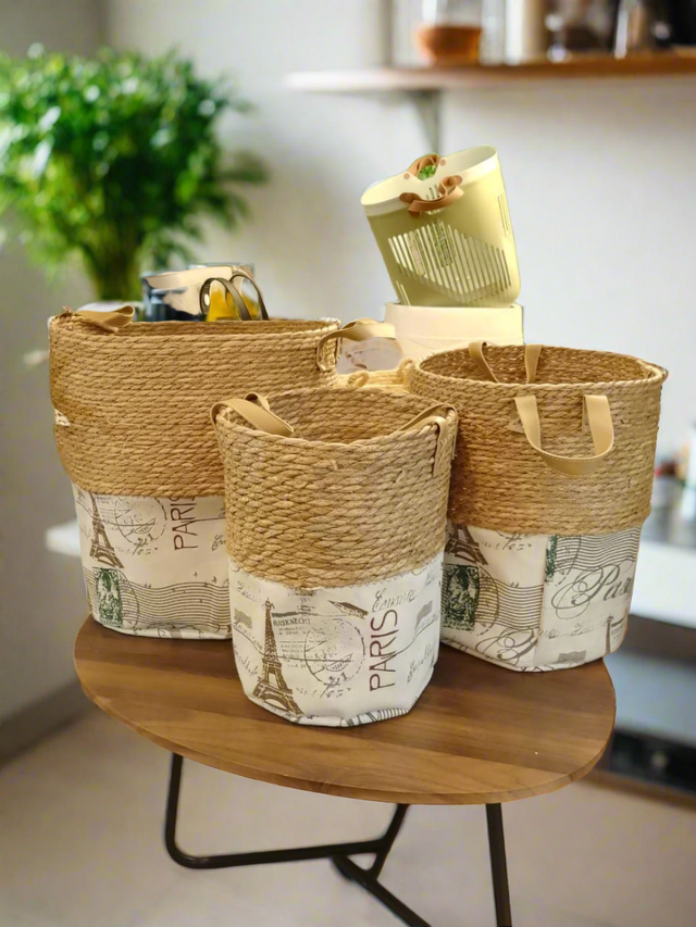 Furaha Finds Handmade Stackable Baskets Set of 3 Durable, eco friendly woven storage solution for home, office, and decorative use.