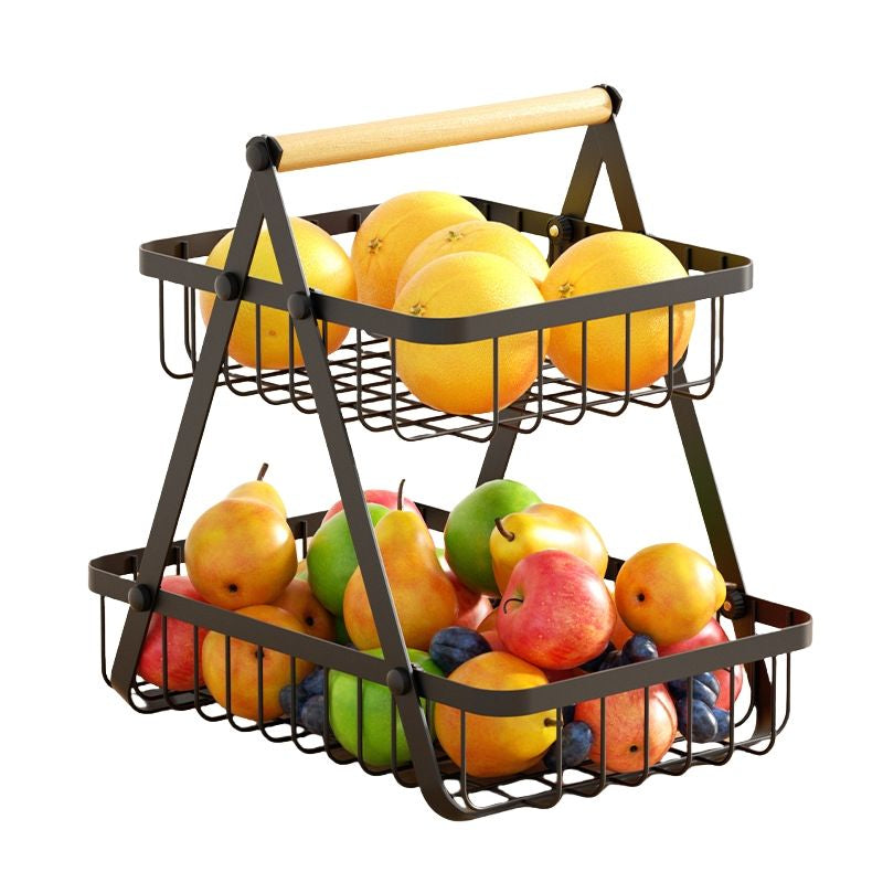 2 Tier Fruit Rack  Black Metal Storage Basket for Kitchen & Countertop Organization