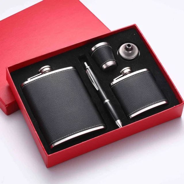 Black Leather-Covered Whiskey Flasks Gift Set | Includes 2 Flasks, Pen, Glass & Funnel