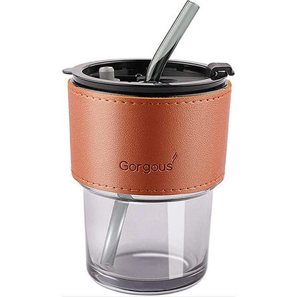 450ml Glass Tumbler/Cup with Straw and Leather Protective Sleeve