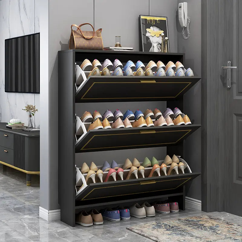 Modern 3 Tier Black Bucket Flip Shoe Cabinet | Large Capacity Tipping Shoe Storage for Entryway & Hallway | Nordic Style Wooden Shoe Rack