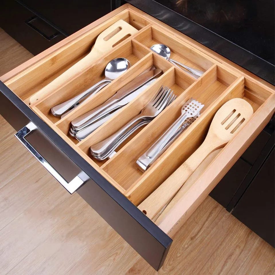 Expandable Bamboo Drawer Cutlery Organizer | Eco Friendly Bamboo Flatware & Silverware Tray | Adjustable Kitchen Utensil Organizer