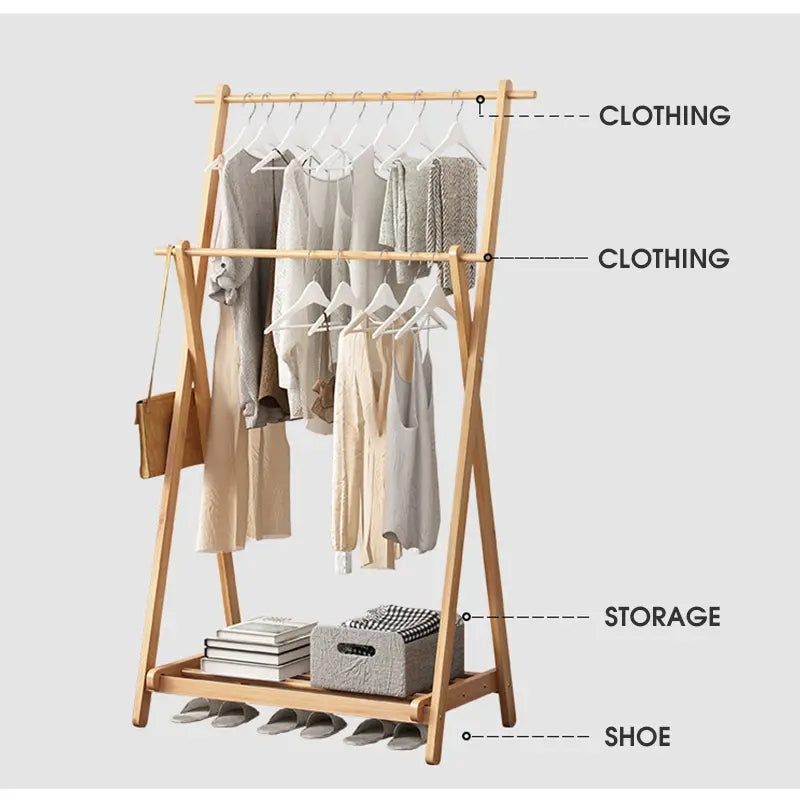 Foldable Bamboo Cloth Hanging Rack | Double Layer Free Standing Coat Rack with Side Hooks | Ideal for Bedrooms, Boutiques & Laundry Areas