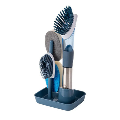 Soap Dispensing Dish Brush Set | Includes 4 Replacement Heads & Handle | Ideal for Pots, Stoves, NonStick Cookware | Blue & Grey