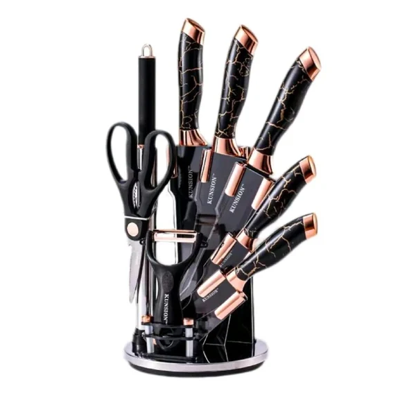 9 Piece Marble Knife Set | 5 Knives, Kitchen Fork, Scissors, Peeler & Stand | Available in Black and White