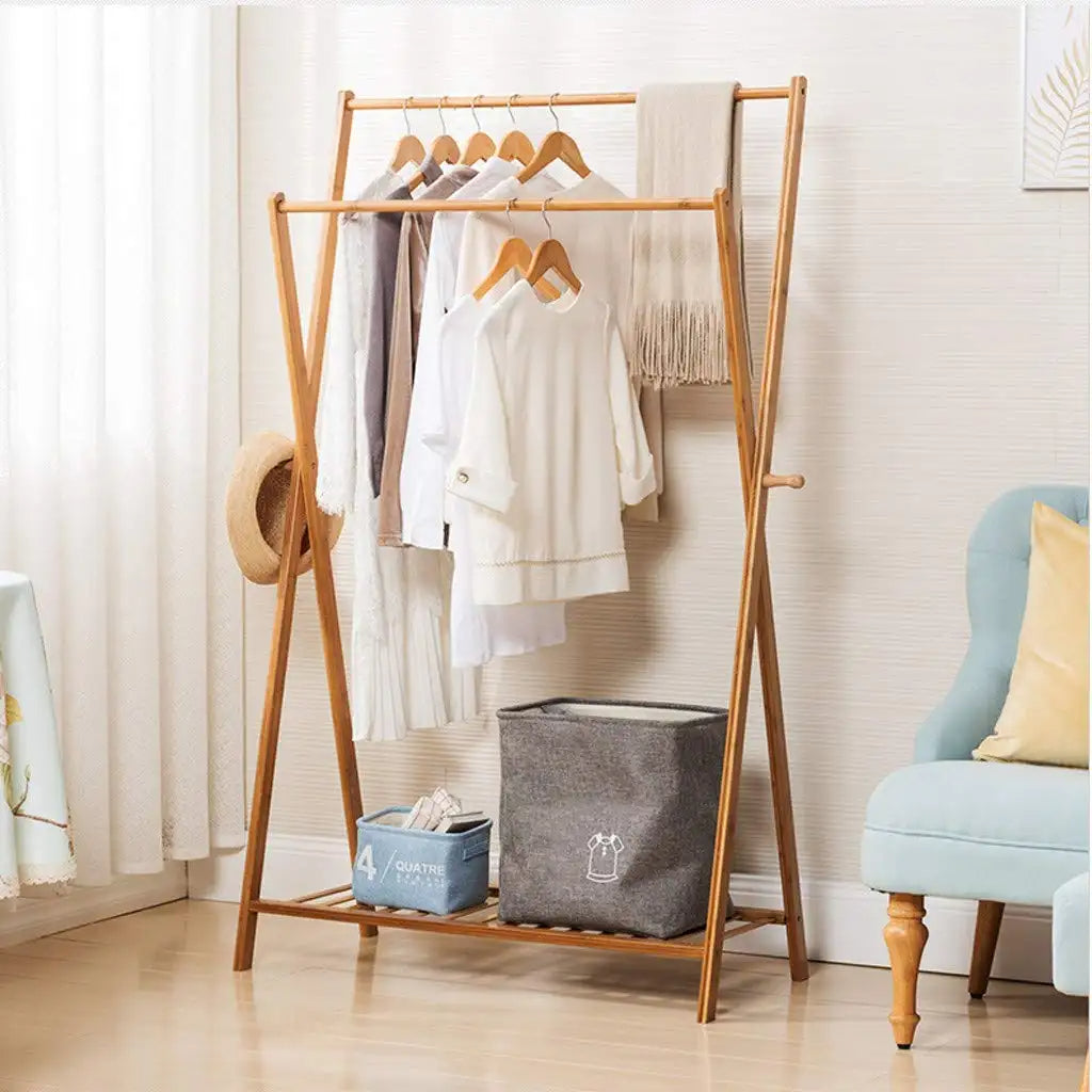 Foldable Bamboo Cloth Hanging Rack | Double Layer Free Standing Coat Rack with Side Hooks | Ideal for Bedrooms, Boutiques & Laundry Areas