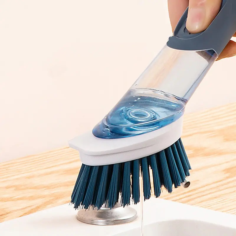 Soap Dispensing Dish Brush Set | Includes 4 Replacement Heads & Handle | Ideal for Pots, Stoves, NonStick Cookware | Blue & Grey