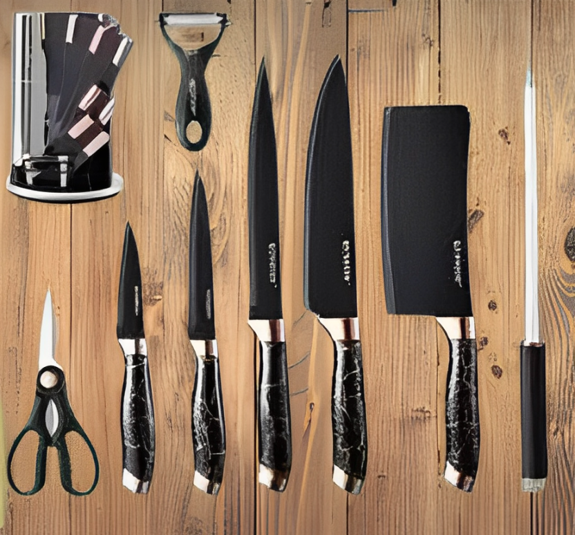 9 Piece Marble Knife Set | 5 Knives, Kitchen Fork, Scissors, Peeler & Stand | Available in Black and White