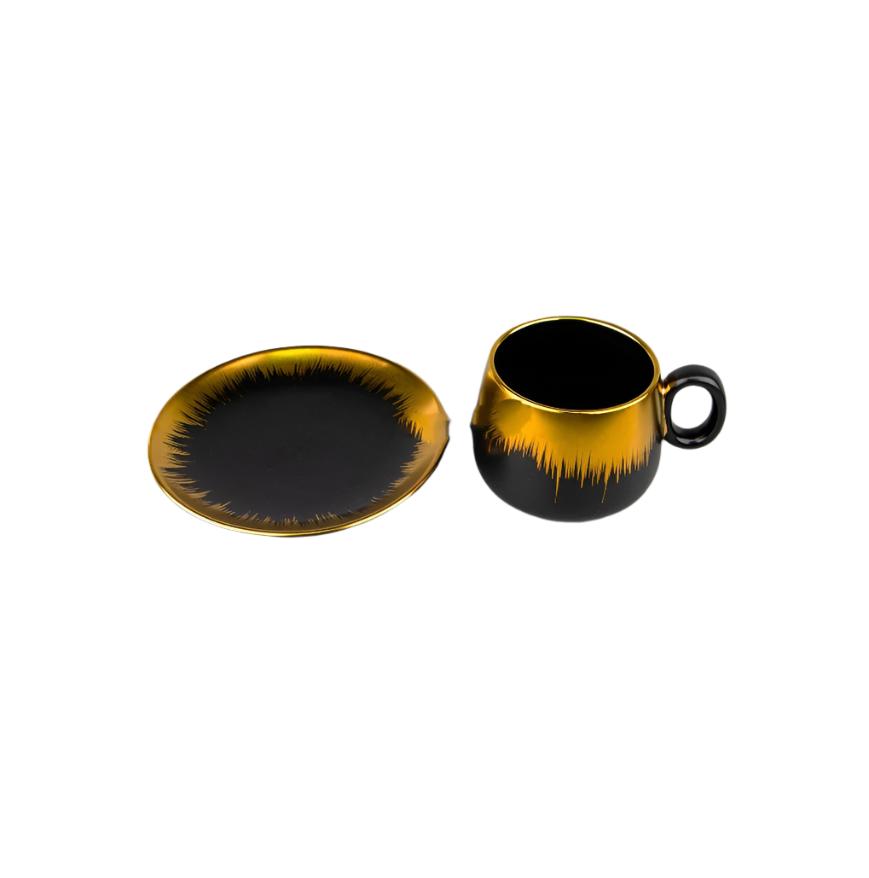 Classy Cup & Saucer Set | 6 Cups & 6 Saucers | 220cc Capacity | Black with Gold Rim