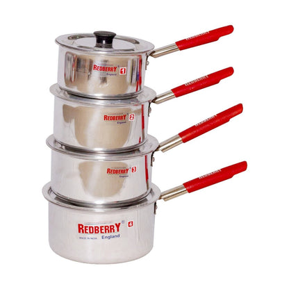 Redberry, 4 pcs set stainless steel Pots With Lid,Non-Slip grip,Red Ergonomic handle,Clear Lid,Stew Pans,Pots Cookware