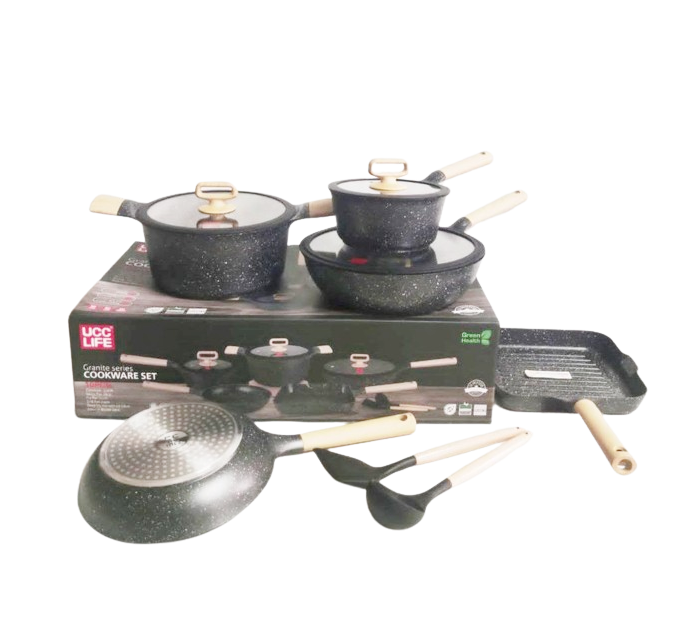 UCC Life 10 Piece Nonstick Cookware Set with Induction Base | Granite & Cream Color Options | Durable & Easy-to-Clean