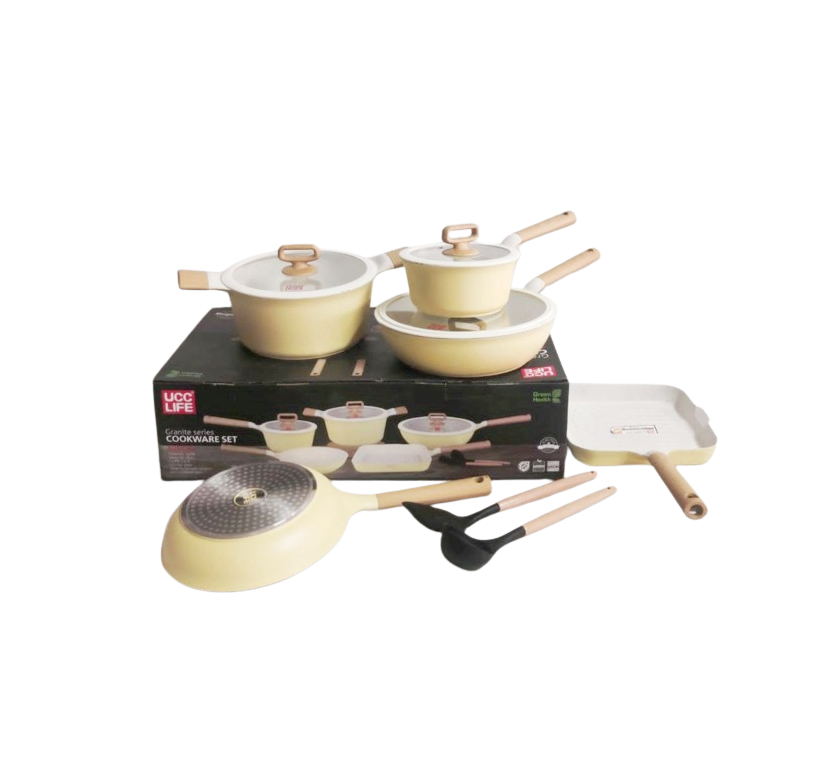 UCC Life 10 Piece Nonstick Cookware Set with Induction Base | Granite & Cream Color Options | Durable & Easy-to-Clean