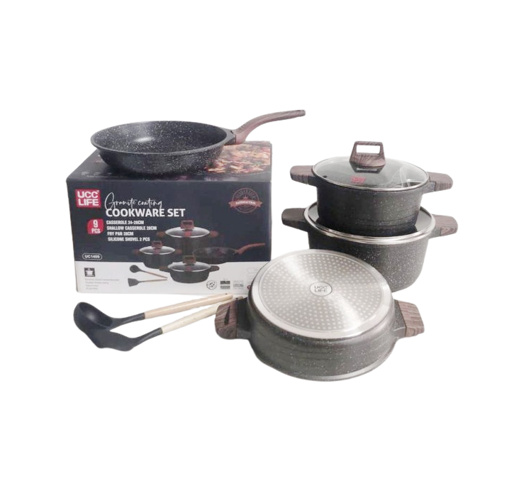 UCC Life 9 Piece PFOA Free NonStick Cookware Set | Induction Base | Casserole & Frying Pans with Heat-Resistant Handles