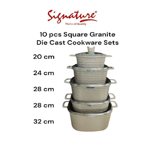 Signature 10 pcs Square Granite Die Cast Cookware Set | Premium Non-Stick, Scratch Resistant Cookware for Effortless Cooking