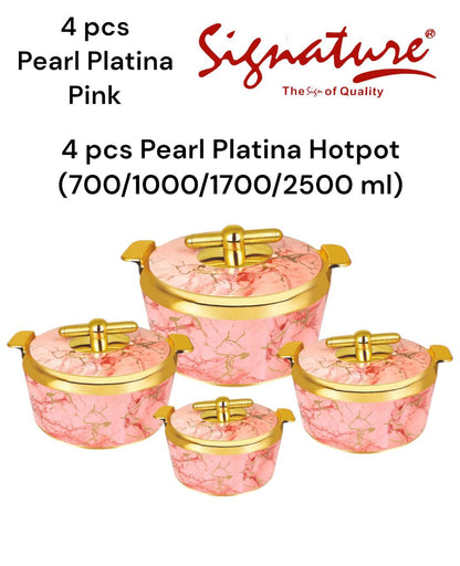 4 Piece Pearl Platina Hotpots Set (700ml, 1000ml, 1500ml, 2500ml) | Available in Blue, Grey, Pink, and Orange