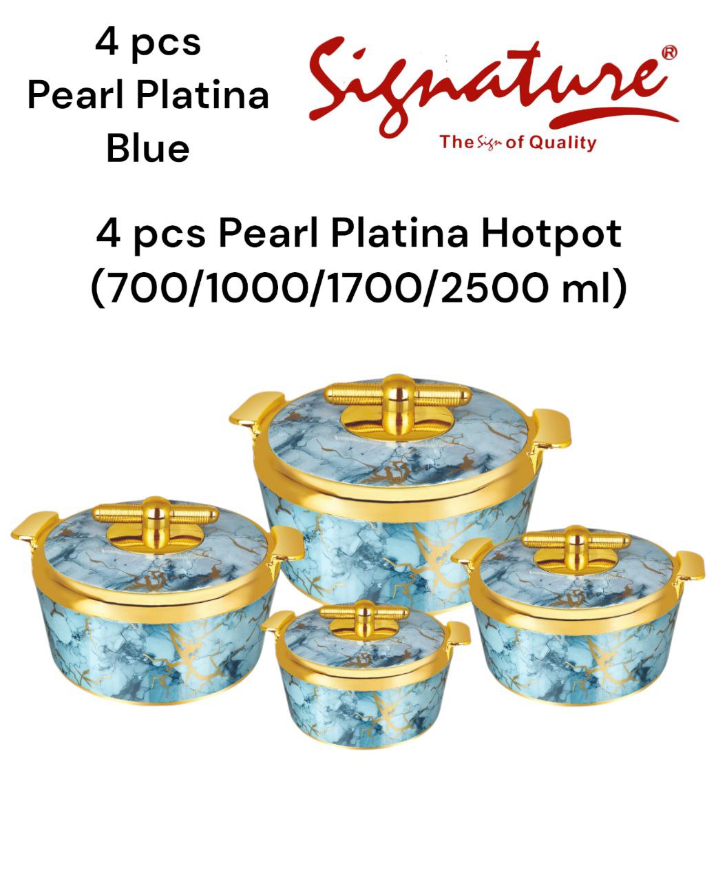 4 Piece Pearl Platina Hotpots Set (700ml, 1000ml, 1500ml, 2500ml) | Available in Blue, Grey, Pink, and Orange