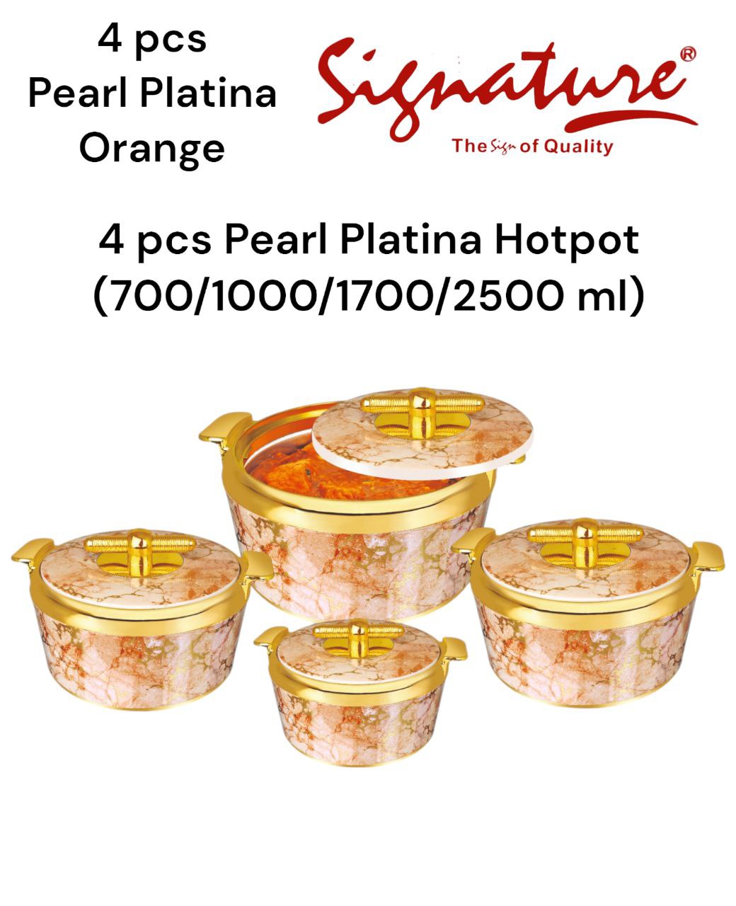 4 Piece Pearl Platina Hotpots Set (700ml, 1000ml, 1500ml, 2500ml) | Available in Blue, Grey, Pink, and Orange