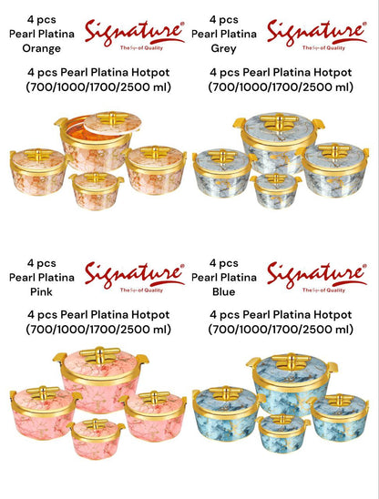 4 Piece Pearl Platina Hotpots Set (700ml, 1000ml, 1500ml, 2500ml) | Available in Blue, Grey, Pink, and Orange