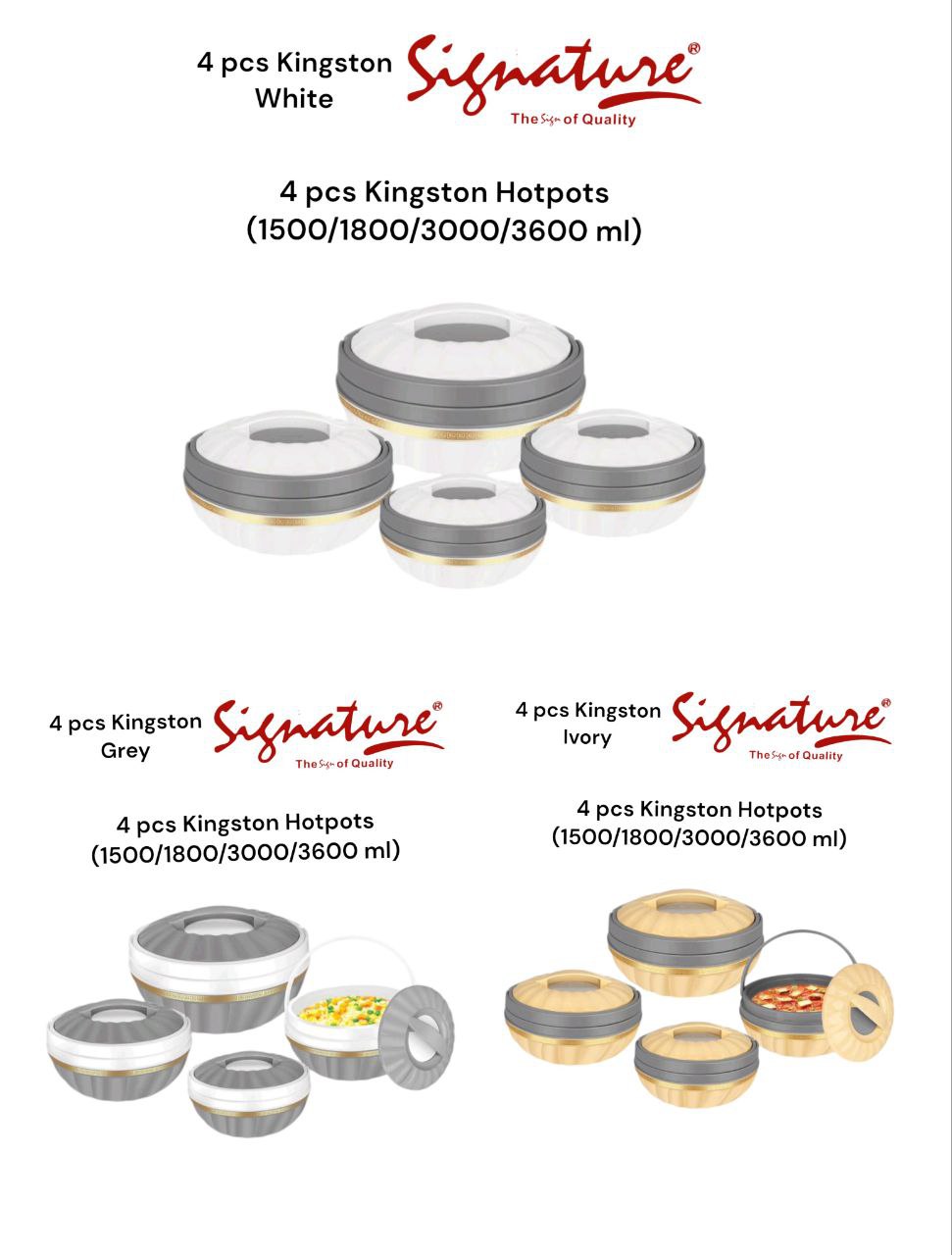 4 Piece Kingston Hotpots Set (1500ml, 1800ml, 3000ml, 3600ml) | White, Grey, Ivory