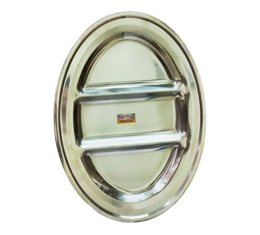 20 Piece 36cm Oval Stainless Steel Pav Bhaji Plates Set | 3 Compartment Partition Plates | Durable & Stackable