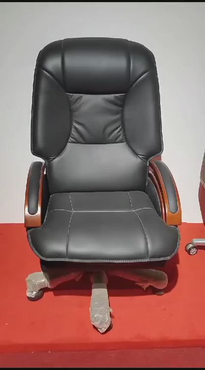 Luxurious Executive Recliner Office Chair |High Quality Black Leather CEO Boss Chair with Wooden Frame