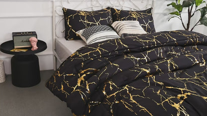 Marble Printed 3 Piece Luxury Microfiber Down Comforter Quilt Cover Set | Zipper Closure Duvet Cover & 2 Pillowcases | Premium Cotton | Gold Marble Texture | Black and Green