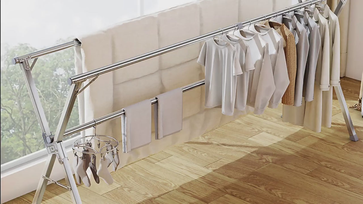 Stainless Steel Expandable Foldable Cloth Drying Rack | Adjustable & Compact Laundry Hanger for Indoor & Outdoor Use | 	67*127*145-240cm