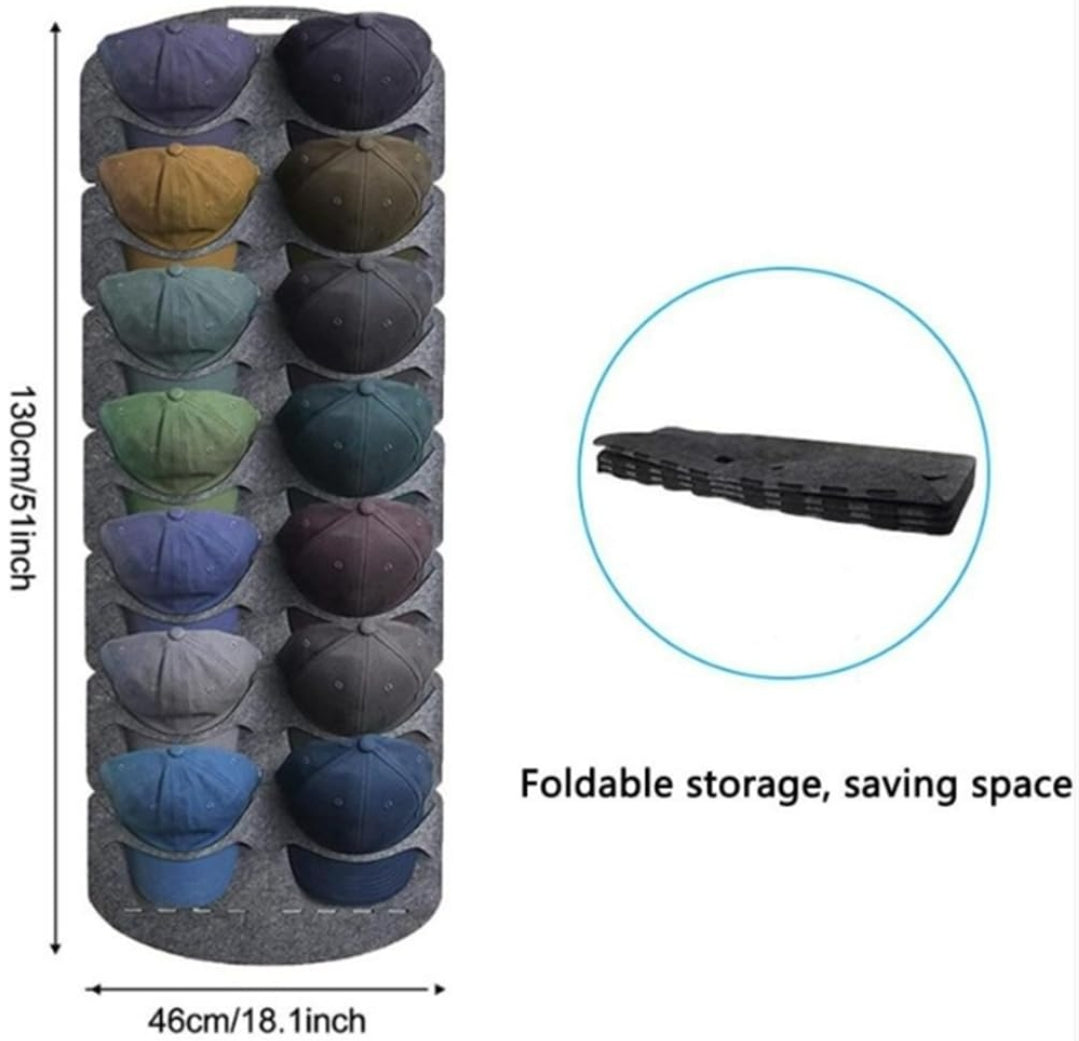 Hanging Hat Organizer |  Space Saving Felt 14 Grid Organizer (46x130cm, Grey) Holds Up to 30 Caps