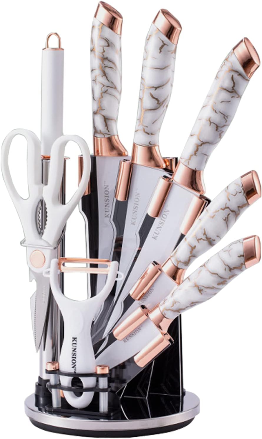 9 Piece Marble Knife Set | 5 Knives, Kitchen Fork, Scissors, Peeler & Stand | Available in Black and White