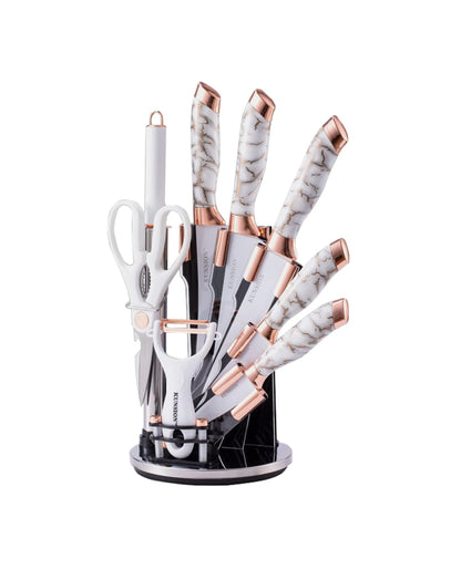 9 Piece Marble Knife Set | 5 Knives, Kitchen Fork, Scissors, Peeler & Stand | Available in Black and White